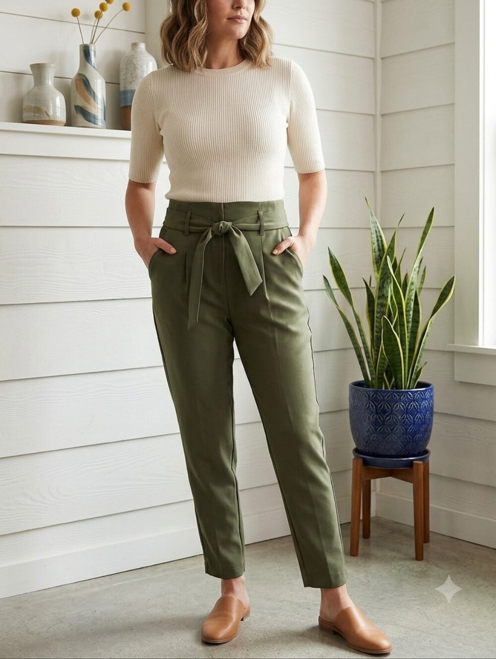 One By Chapter One Olive Green High Waisted Paperbag Pants with Matching Belt